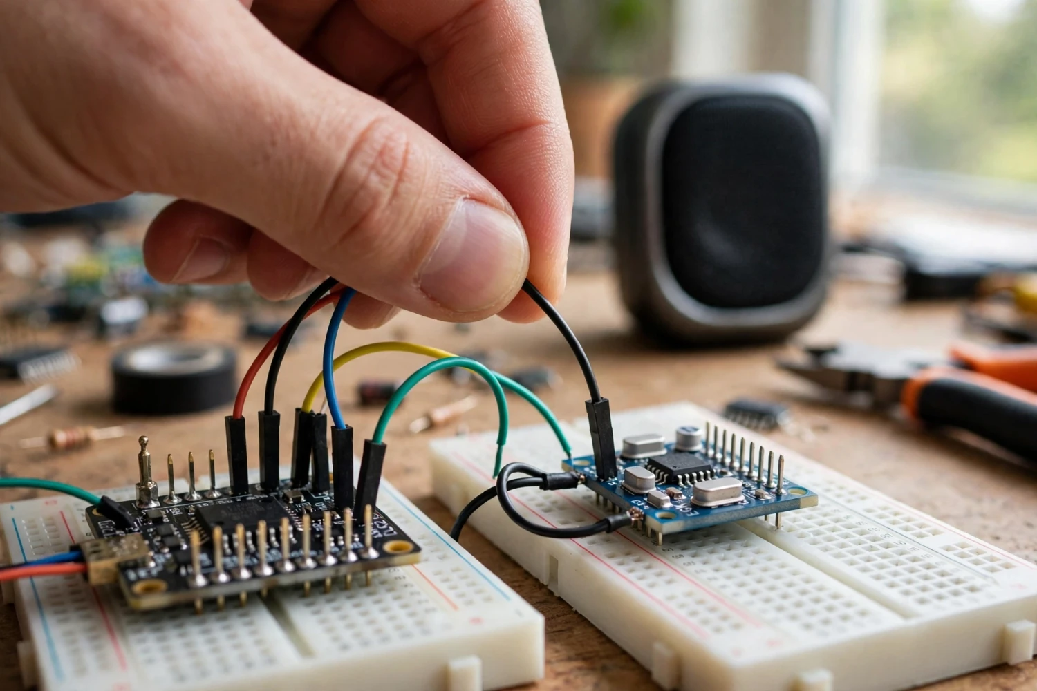 Tay đang cắm lại dây jumper trên kết nối I2S giữa bo ESP32 và module DAC