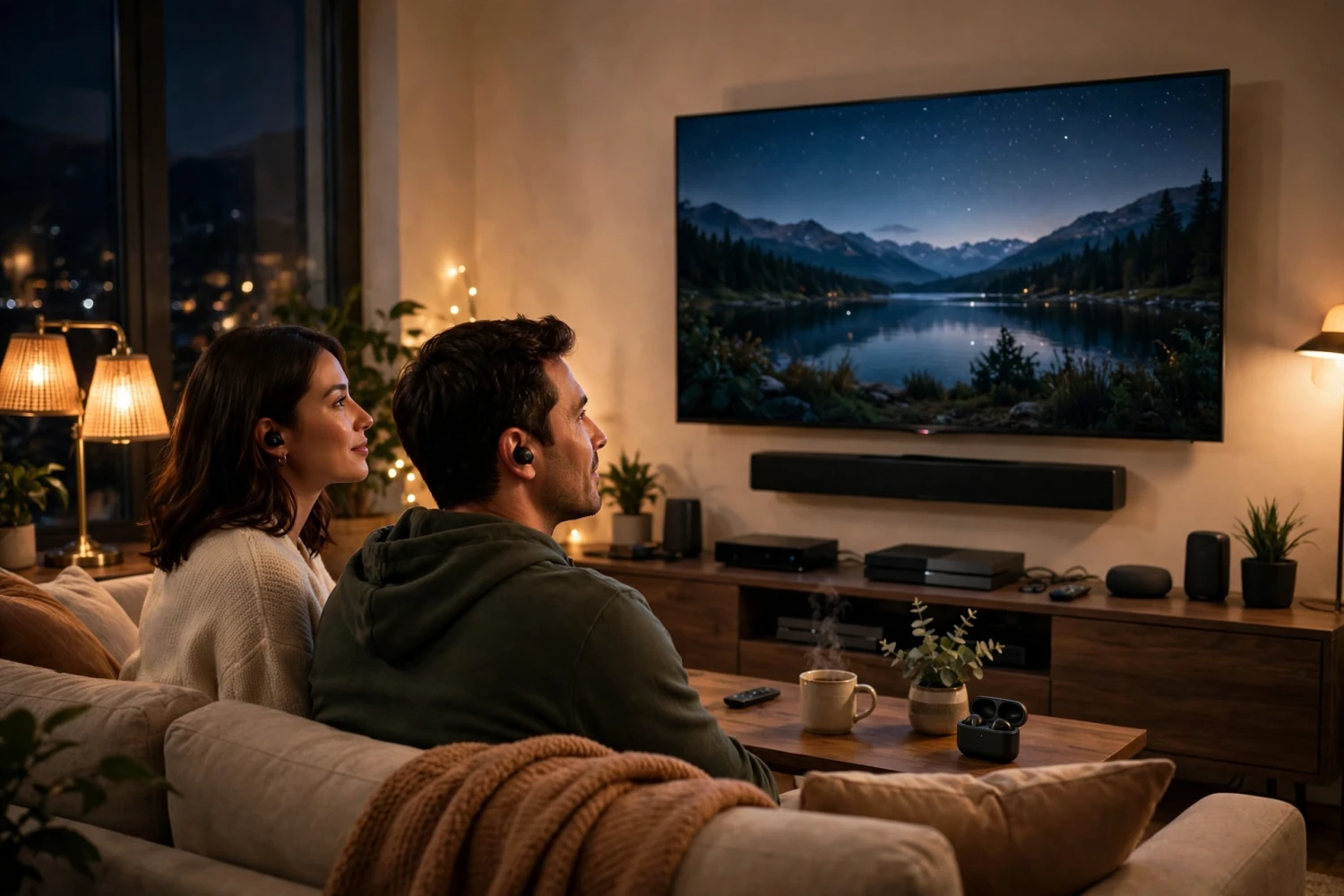 Hai người đeo tai nghe không dây cùng nghe âm thanh từ TV trong phòng khách qua phát quảng bá