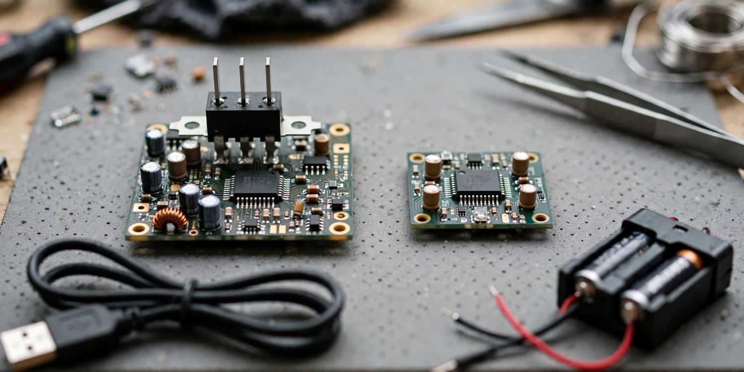 Hai module DAC đặt cạnh nhau để so sánh, một board có IC ổn áp ba chân và một board không có