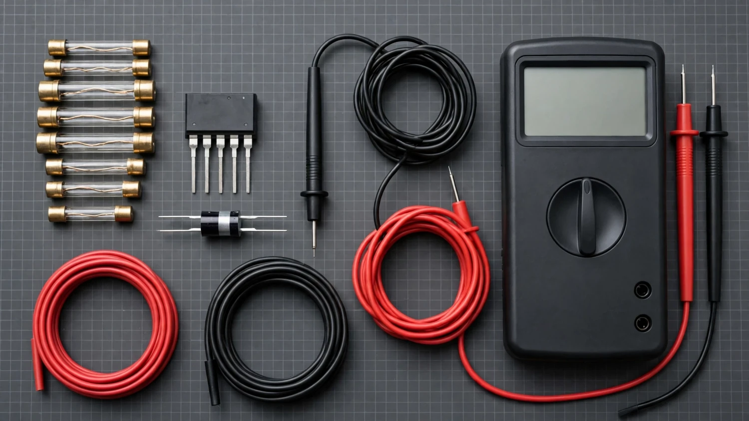 Ảnh minh họa AI: cầu chì, diode và MOSFET trên bàn lắp ráp ampli DIY, không phải sơ đồ đấu dây thật