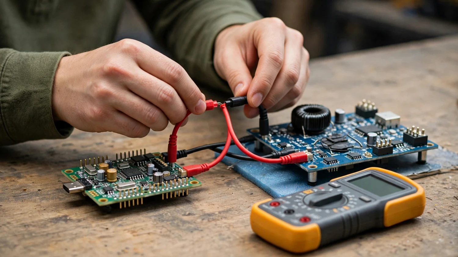 Tay nối dây tín hiệu giữa module DAC PCM5102A và mạch ampli Class D trên bàn DIY
