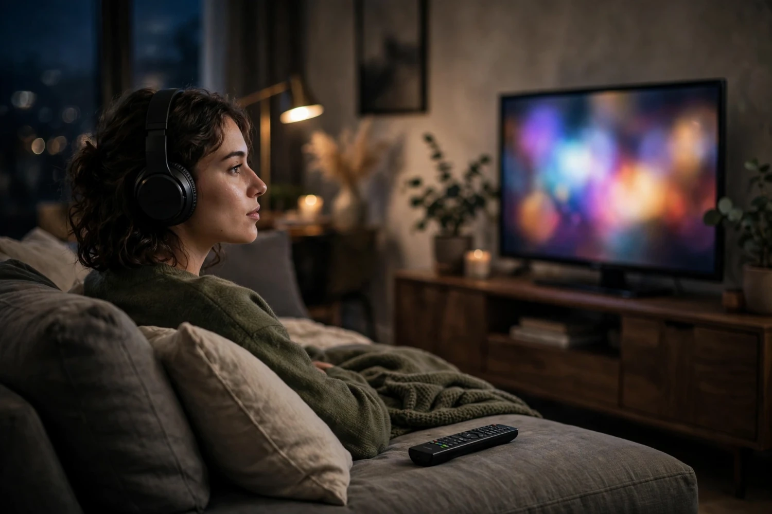 Người xem phim trên TV trong phòng khách buổi tối với tai nghe không dây