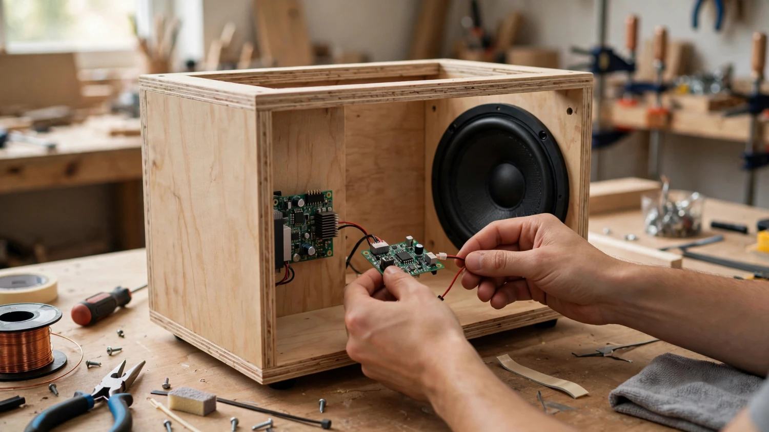 Ảnh minh họa AI: mạch thu Bluetooth DIY khái quát lắp trong thùng loa gỗ đang chế tạo, chỉ là ảnh minh họa, không phải ảnh sản phẩm MH-M18, MH-M28 hay MH-M38 thật
