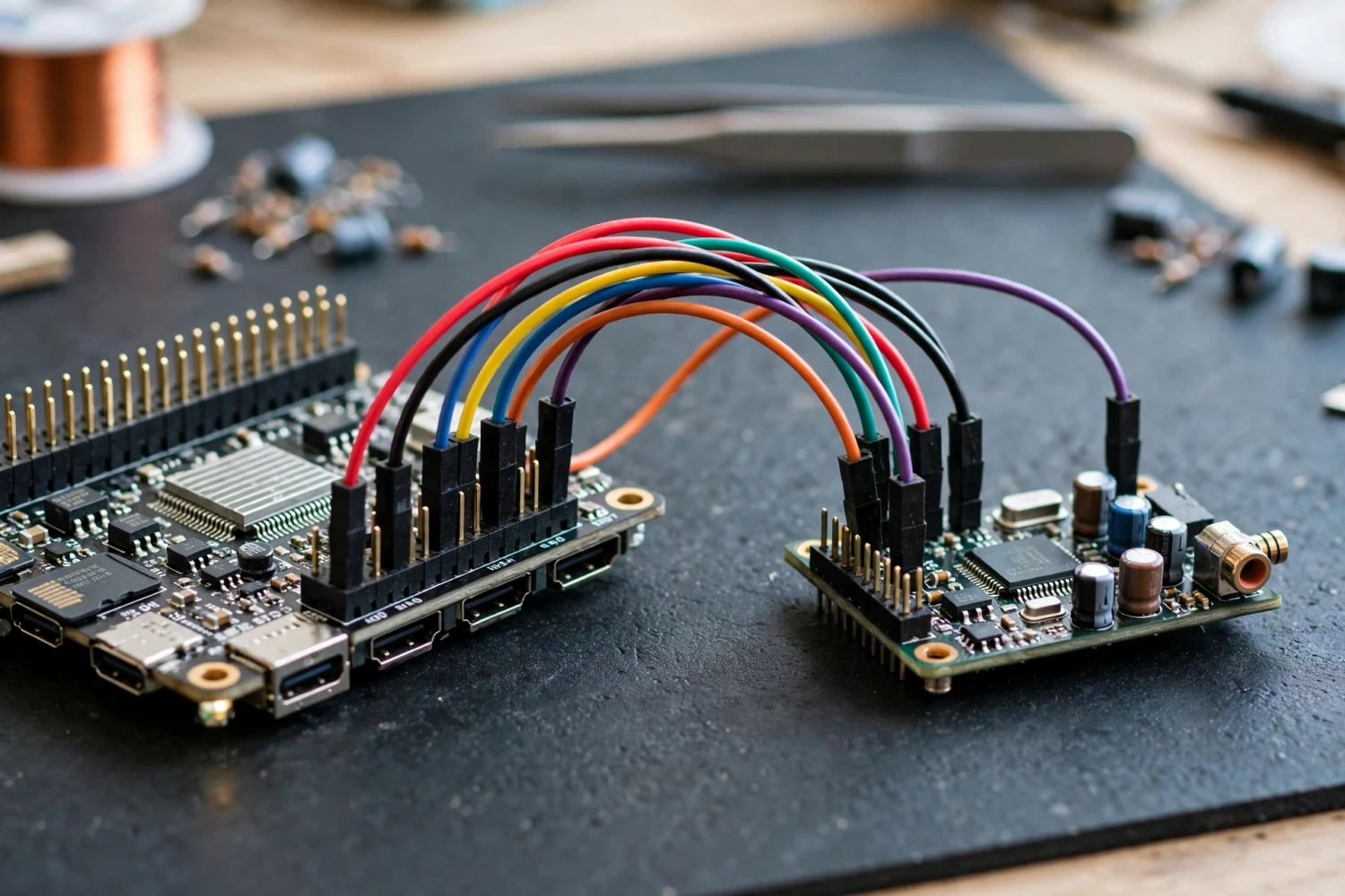 Ảnh minh họa AI: dây nối giữa header GPIO của máy tính nhúng đơn board và module DAC I2S trên bàn làm việc