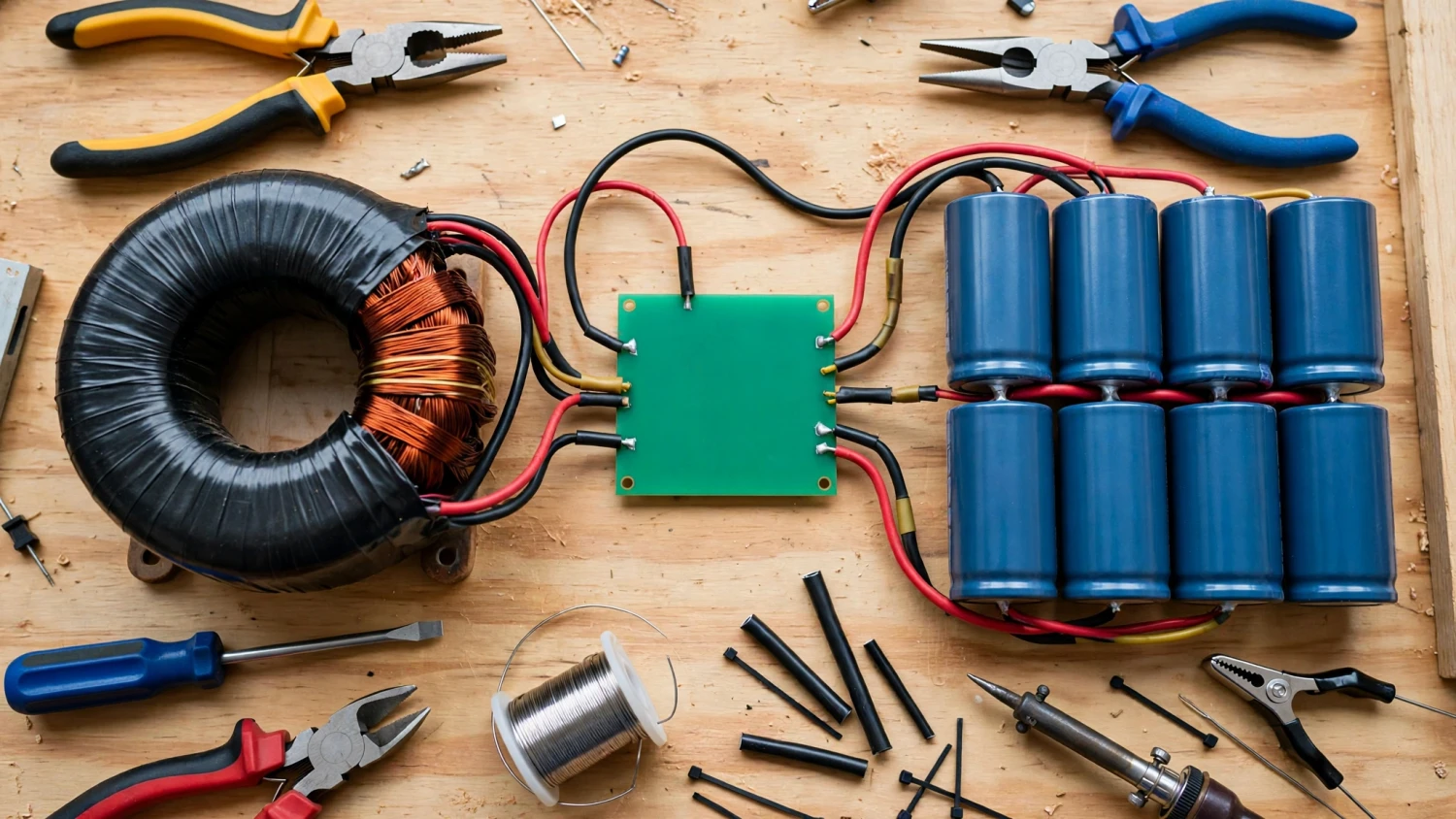 Ảnh minh họa AI: bank tụ lọc nguồn của ampli DIY gồm biến áp, mạch chỉnh lưu và các tụ điện phân trên bàn điện tử