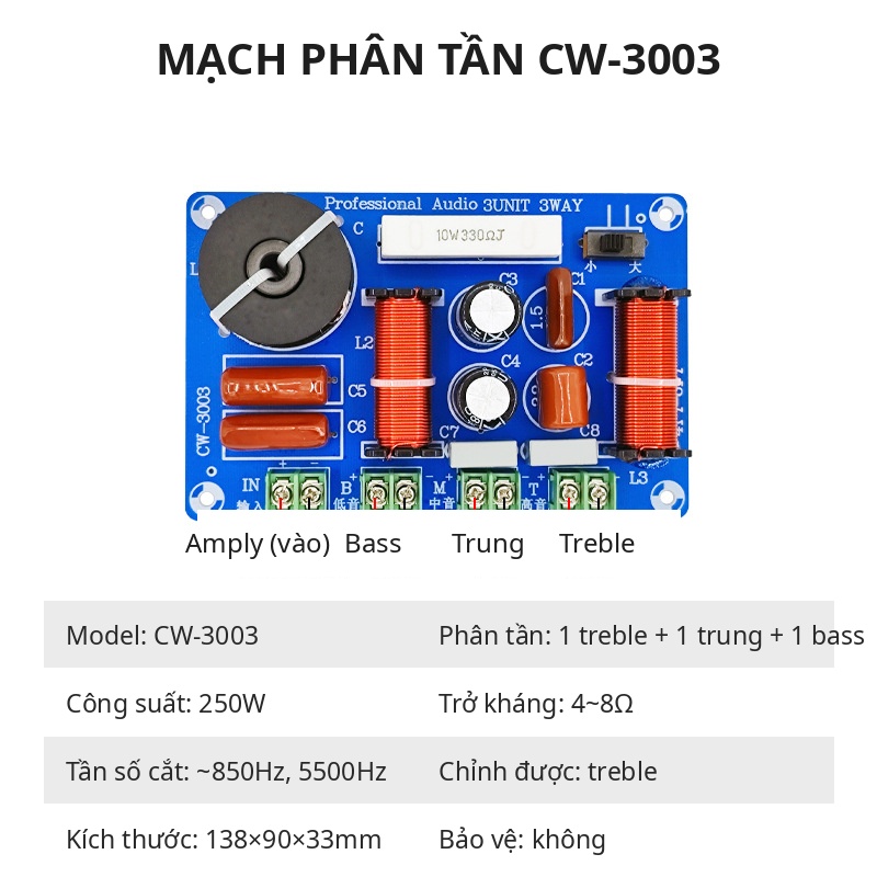 Mạch Phân Tần Loa 3 Đường Tiếng CW-3003 250W - Chỉnh Được Treble, Âm Thanh HiFi