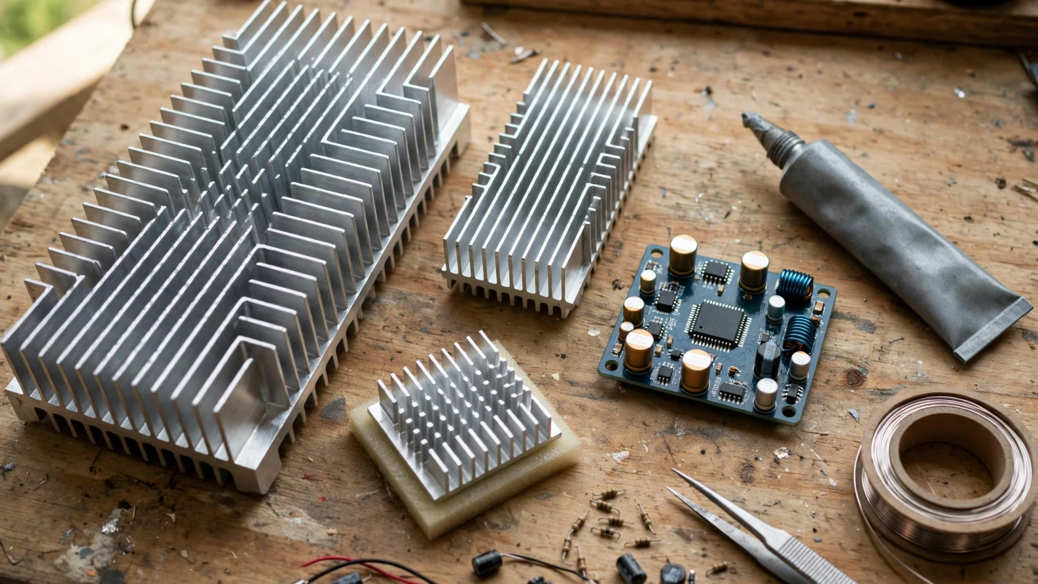 Ảnh minh họa AI: nhiều lá tản nhiệt nhôm kích thước khác nhau đặt cạnh board ampli Class D và keo tản nhiệt trên bàn DIY