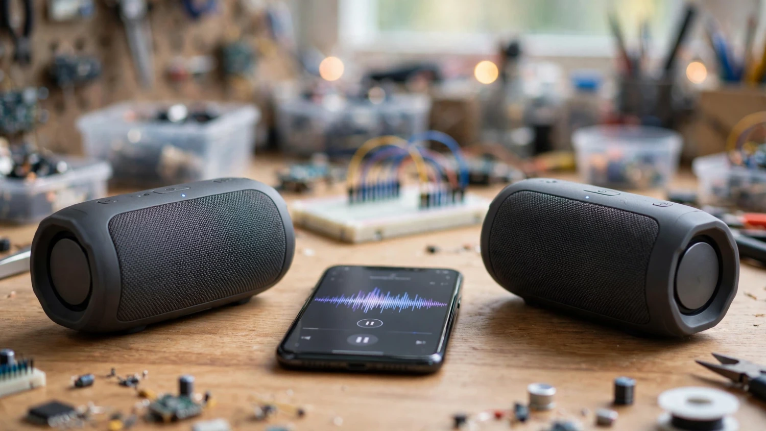 Hai loa Bluetooth giống nhau đặt trên bàn cùng điện thoại phát nhạc để ghép đôi stereo