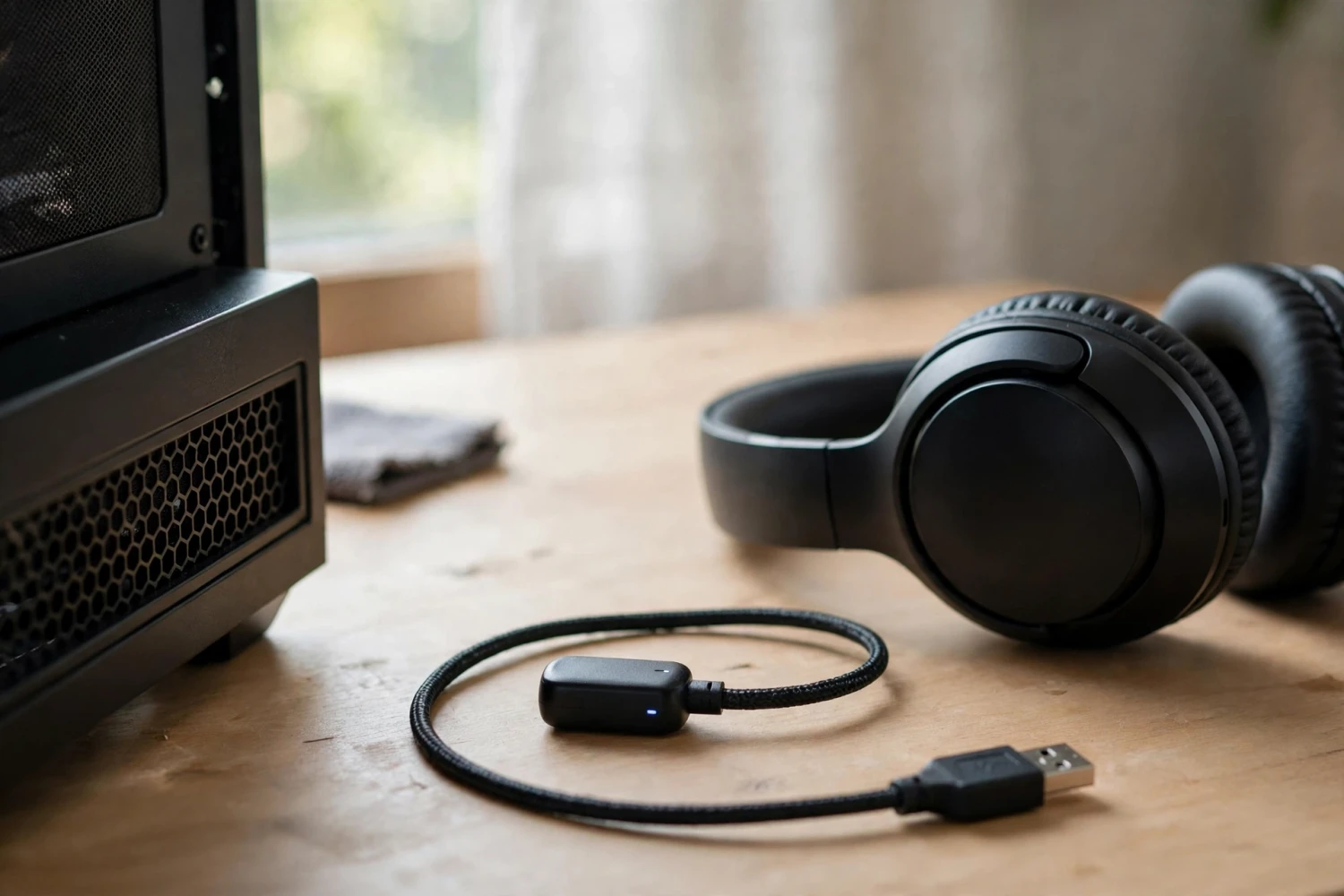 Dongle Bluetooth nối qua cáp USB kéo dài đặt trên mặt bàn cạnh máy tính và tai nghe không dây
