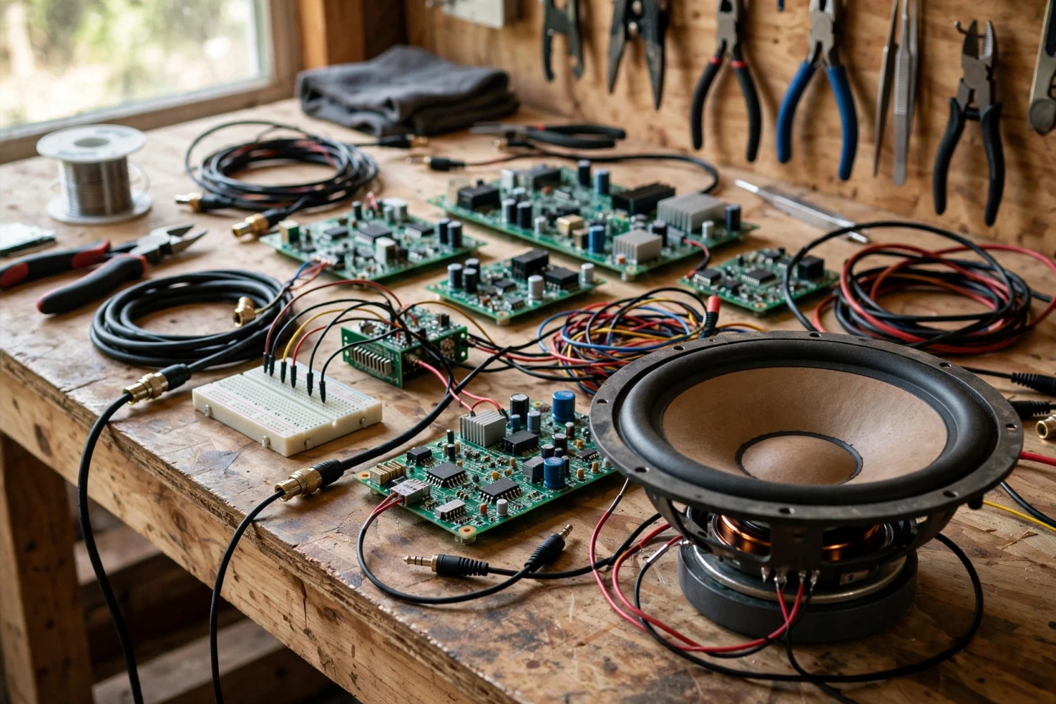 Bàn làm việc DIY audio với bo mạch DSP, dây tín hiệu và củ loa rời
