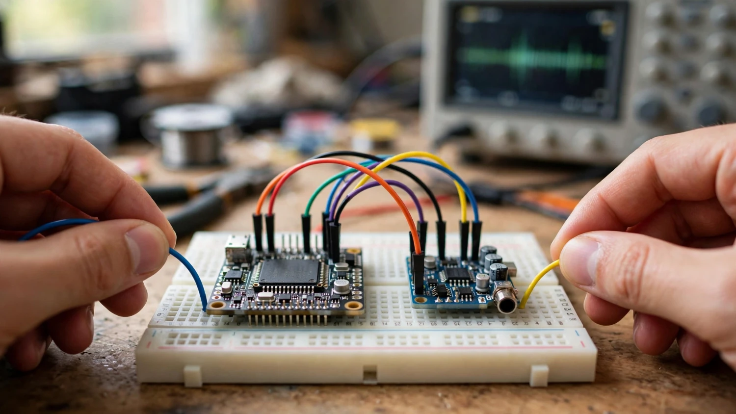 Tay noi board ESP32-S3 voi module DAC I2S tren breadboard bang day jumper