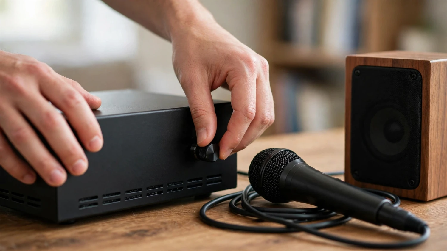 Tay chỉnh núm trên ampli nhỏ cạnh micro karaoke và loa bookshelf trên bàn làm việc