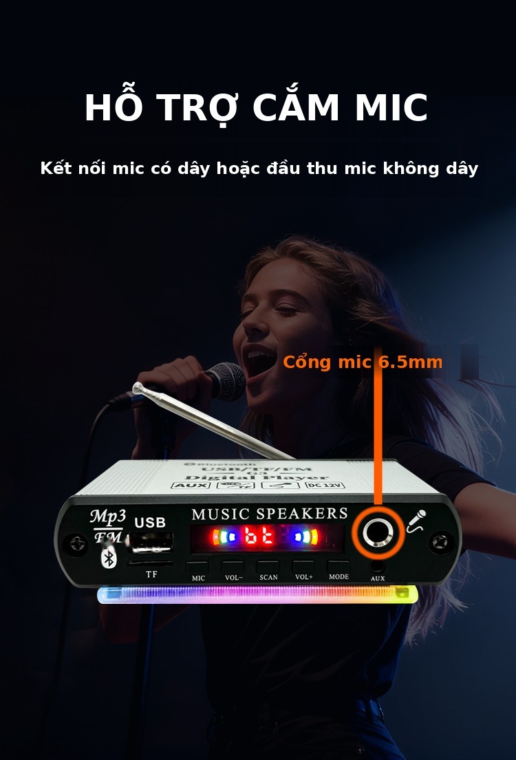 Bộ thu Bluetooth 5.4 nghe đài FM, USB, thẻ nhớ, tích hợp cổng mic hát karaoke