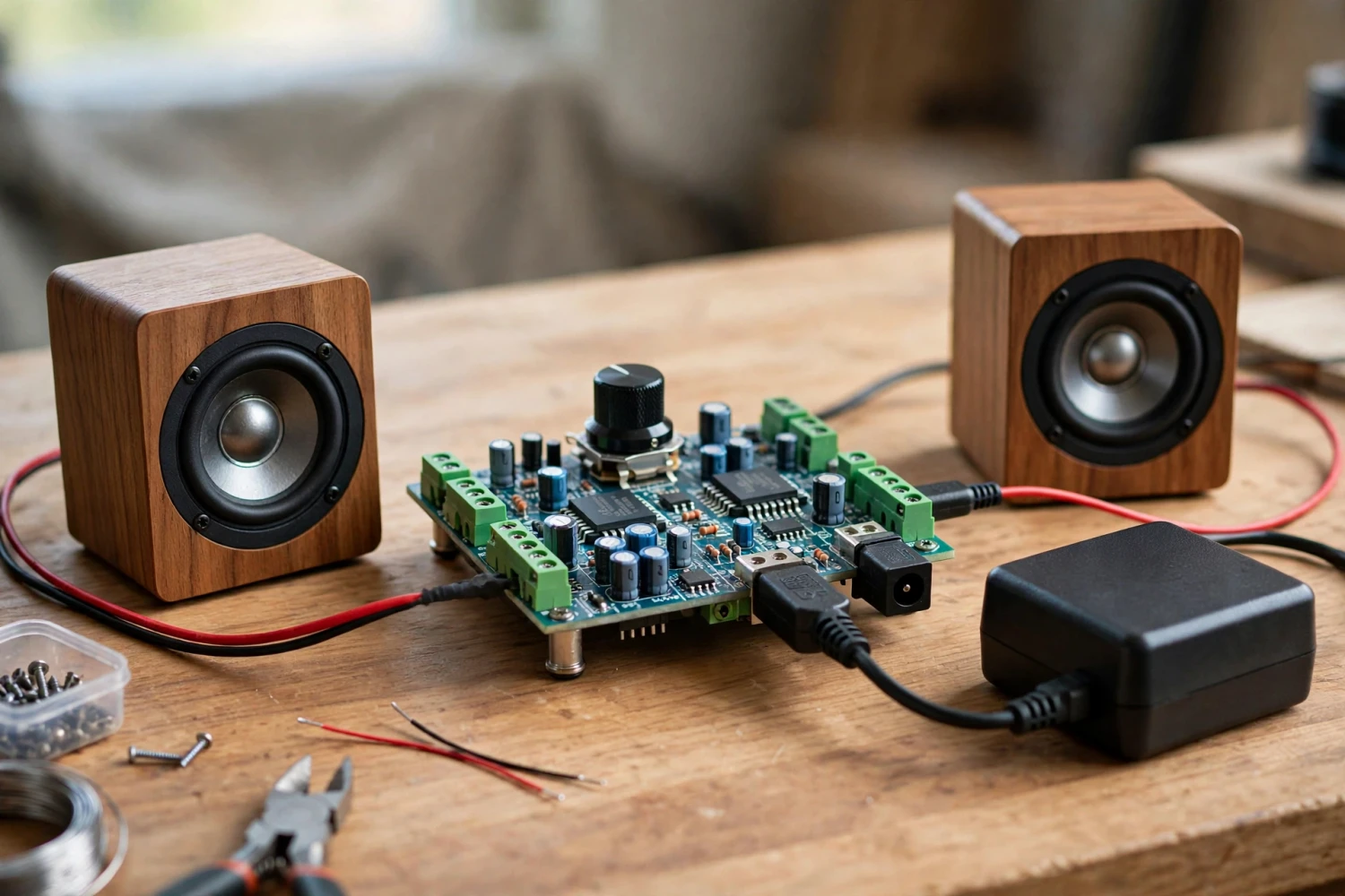Ảnh minh họa board ampli stereo nhỏ gọn nối nguồn DC và loa bookshelf trên bàn DIY