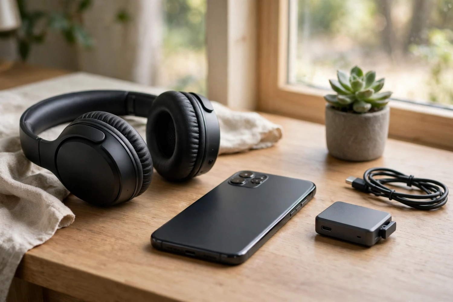 Tai nghe không dây đặt cạnh điện thoại và module thu Bluetooth trên bàn nghe nhạc