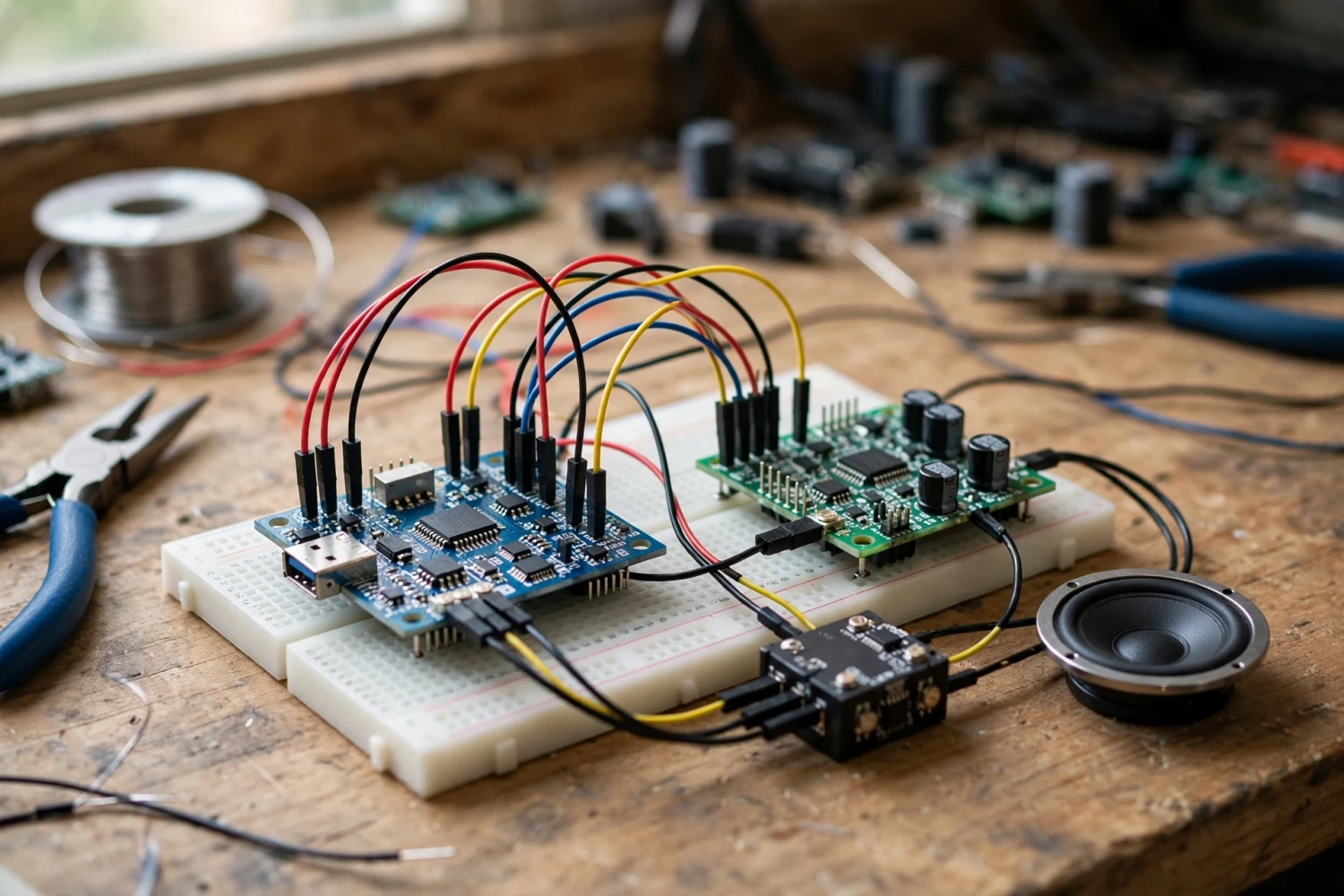 Dự án DIY audio với bo vi điều khiển nối dây tới module DAC và ampli nhỏ