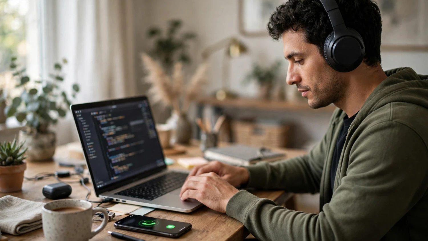 Ảnh minh họa AI: người dùng đeo tai nghe multipoint làm việc với laptop trong khi điện thoại đặt cạnh reo chuông