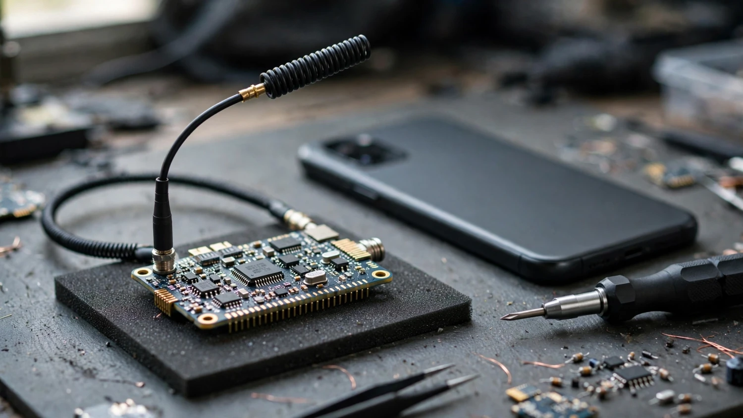 Module thu Bluetooth có anten ngoài đặt cạnh điện thoại và tua vít trên bàn kiểm tra