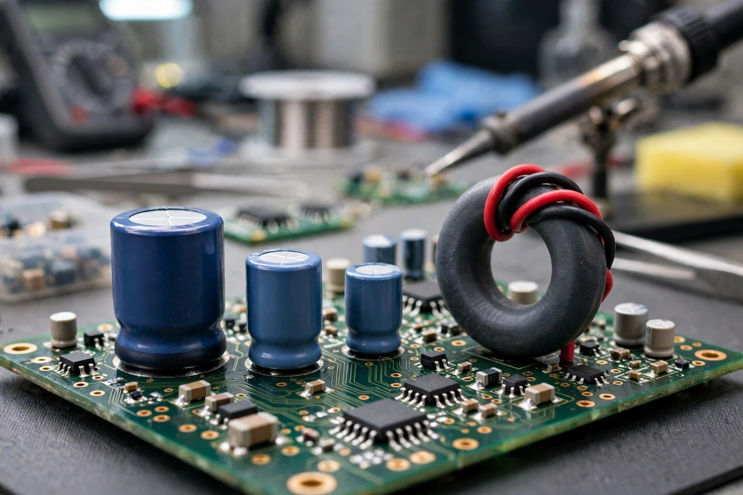 Ảnh minh họa AI: linh kiện ổn áp tuyến tính, tụ điện và hạt ferrite trên mạch nguồn cho module DAC