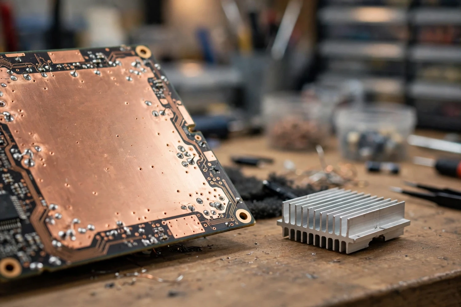 Ảnh minh họa mặt dưới PCB có vùng đồng lớn để tản nhiệt cho chip ampli Class D và một heatsink nhôm đặt bên cạnh