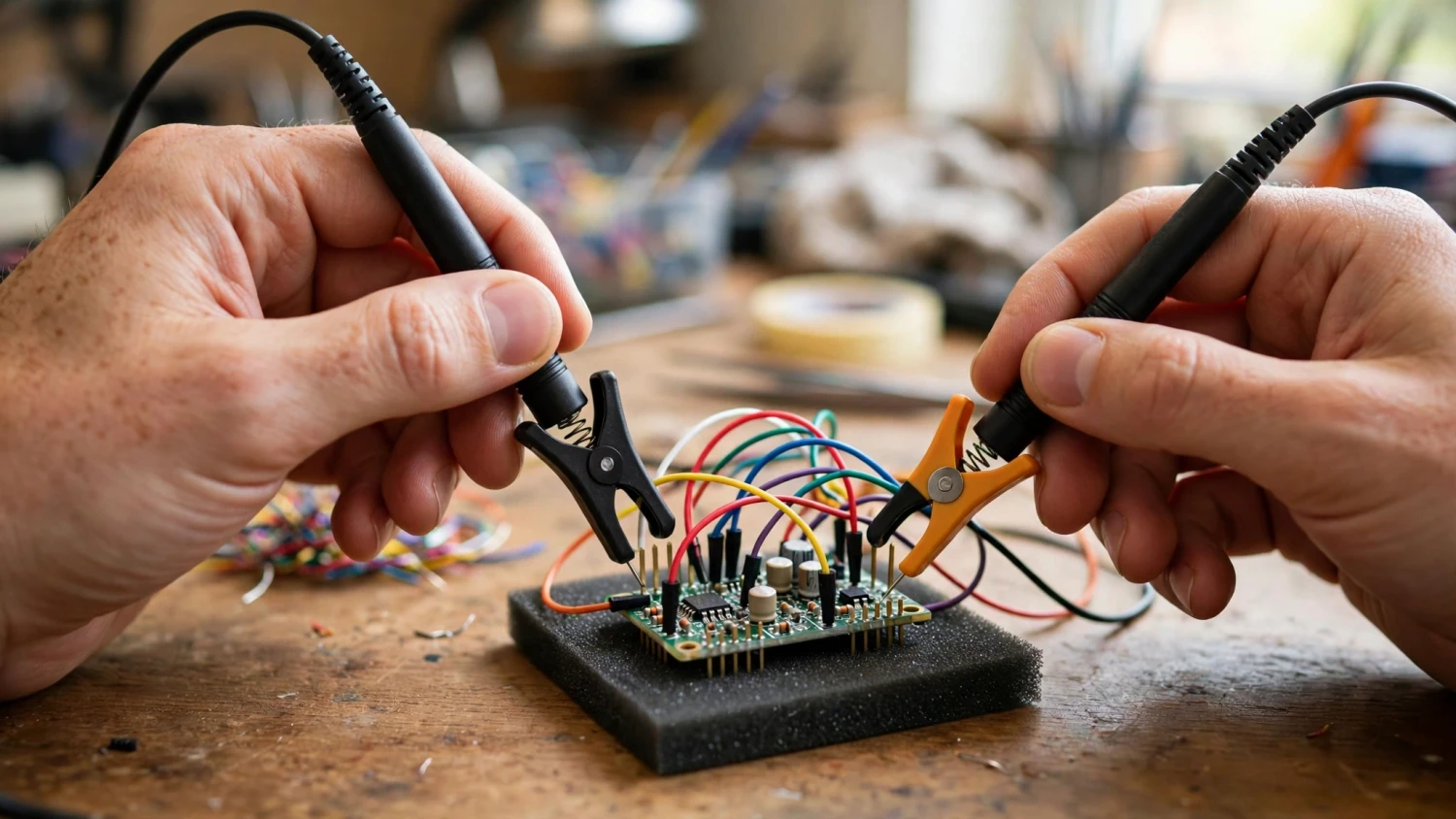 Kiểm tra tín hiệu xung nhịp trên module DAC bằng đầu dò phân tích logic trên bàn làm việc điện tử