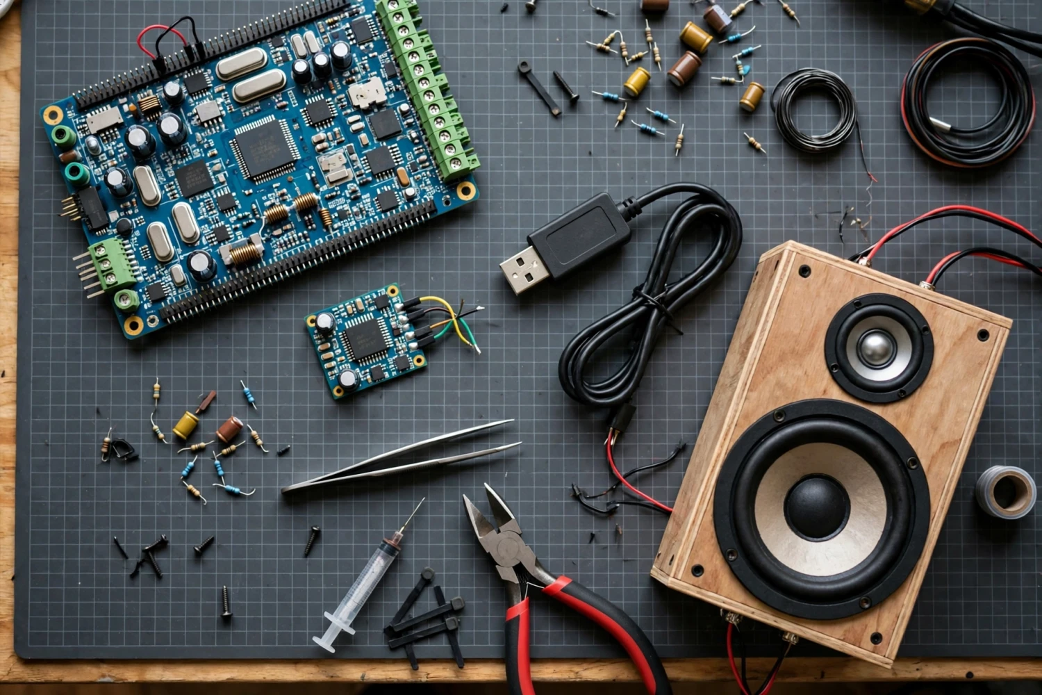 Bàn làm việc với bo mạch DSP, bộ lập trình USB và loa DIY hai đường tiếng