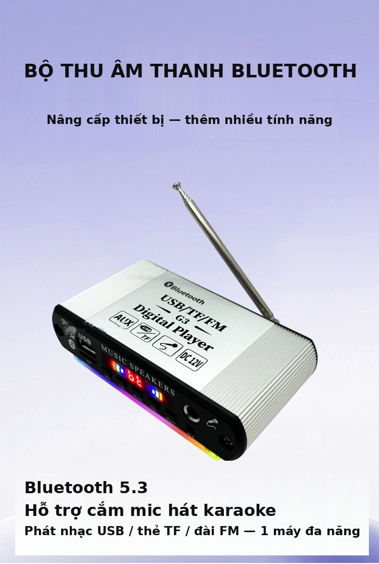 Bộ thu Bluetooth 5.4 nghe đài FM, USB, thẻ nhớ, tích hợp cổng mic hát karaoke