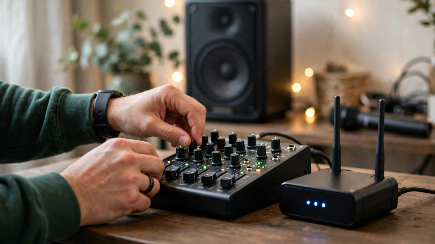 Tay chỉnh núm trên bàn trộn âm thanh nhỏ trong bộ karaoke gia đình, cạnh bộ thu micro không dây