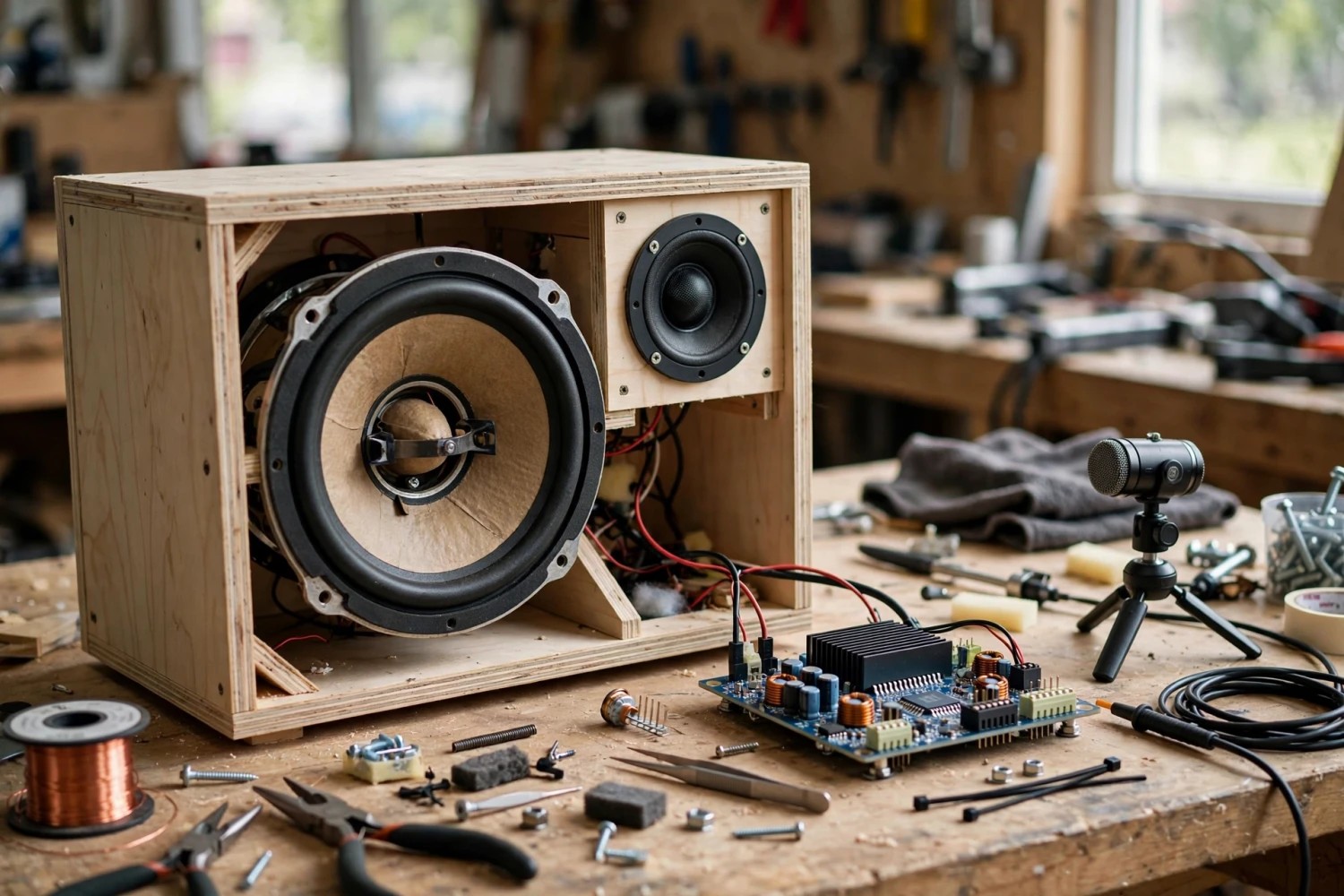 Loa DIY hai đường tiếng và bo mạch DSP trên bàn làm việc điện tử