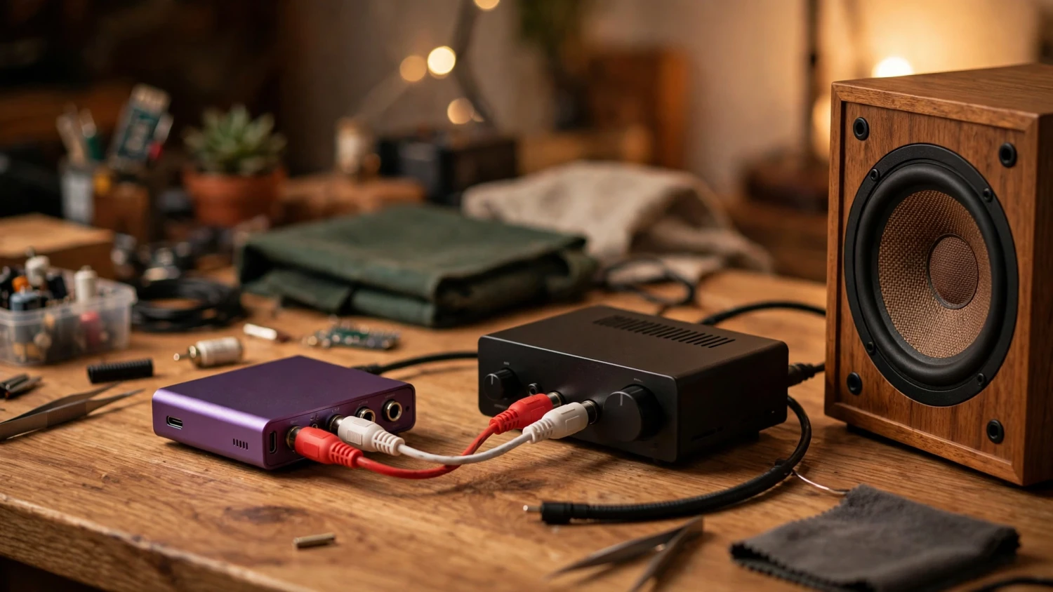 Module DAC PCM5102A nối với ampli để bàn và loa bookshelf trong một hệ thống nghe nhạc DIY