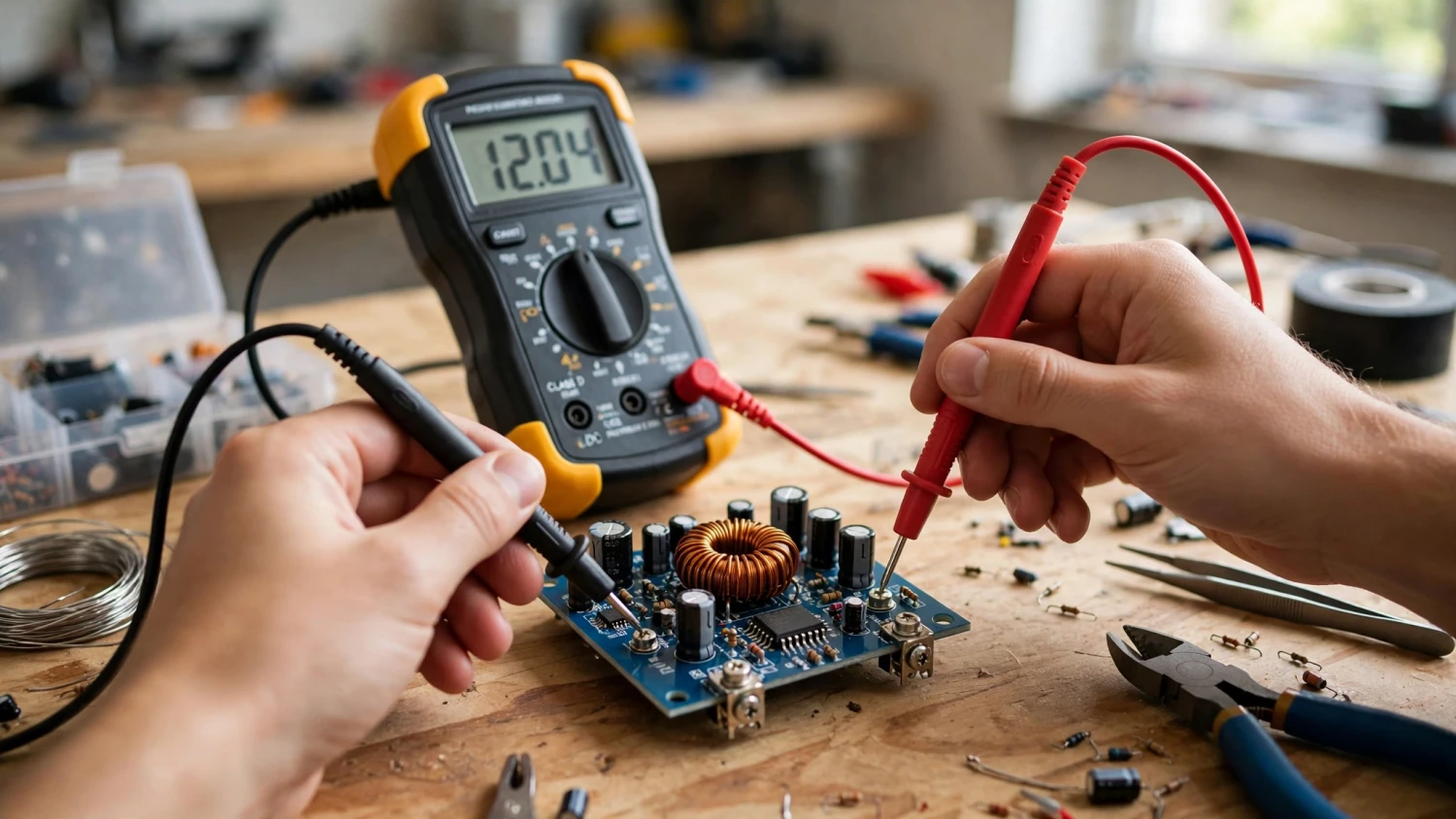 Ảnh minh họa AI: đo điện áp DC tại cọc nguồn của board ampli Class D bằng đồng hồ vạn năng trên bàn DIY