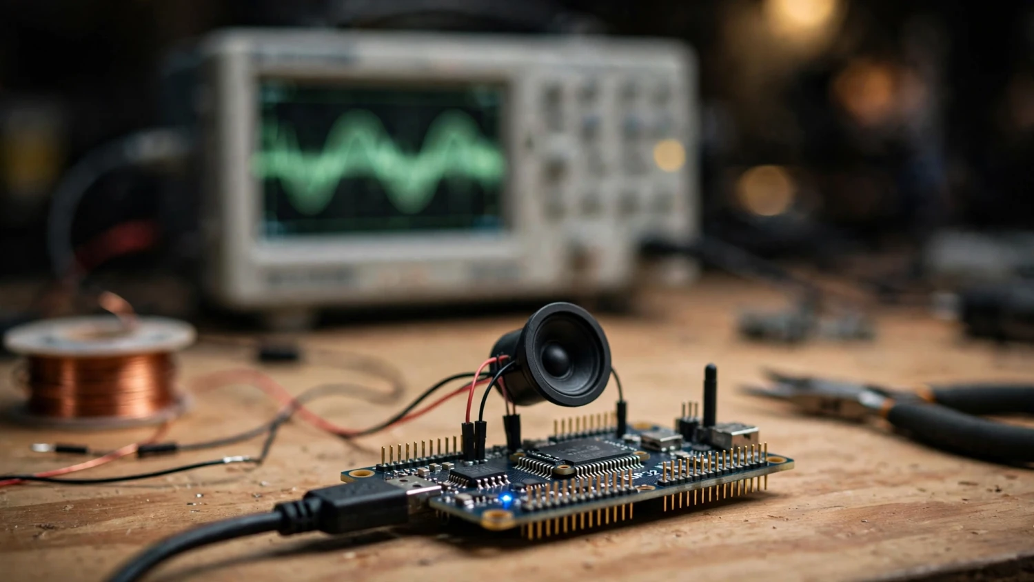 Bo ESP32 đang phát nhạc trên bàn làm việc, oscilloscope mờ phía sau để kiểm tra tín hiệu clock