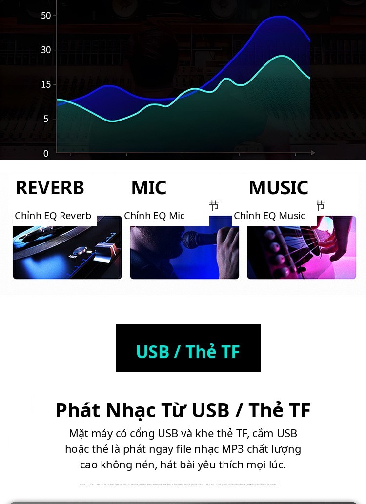 Chỉnh EQ cho Reverb, Mic, Music và phát nhạc USB thẻ TF