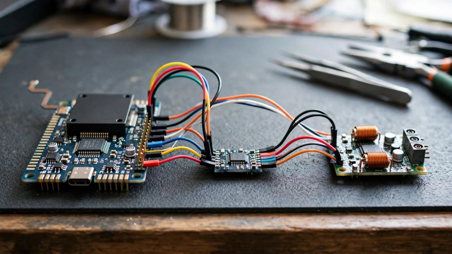 Bo ESP32 noi day voi module DAC va mach ampli nho tren ban thu nghiem