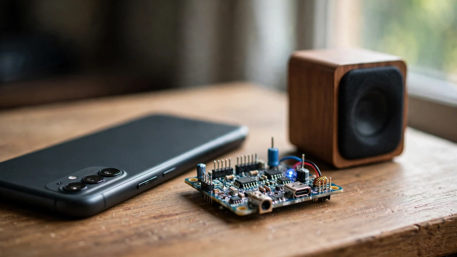 Ảnh minh họa: điện thoại đặt cạnh module thu Bluetooth và loa bookshelf trên bàn làm việc