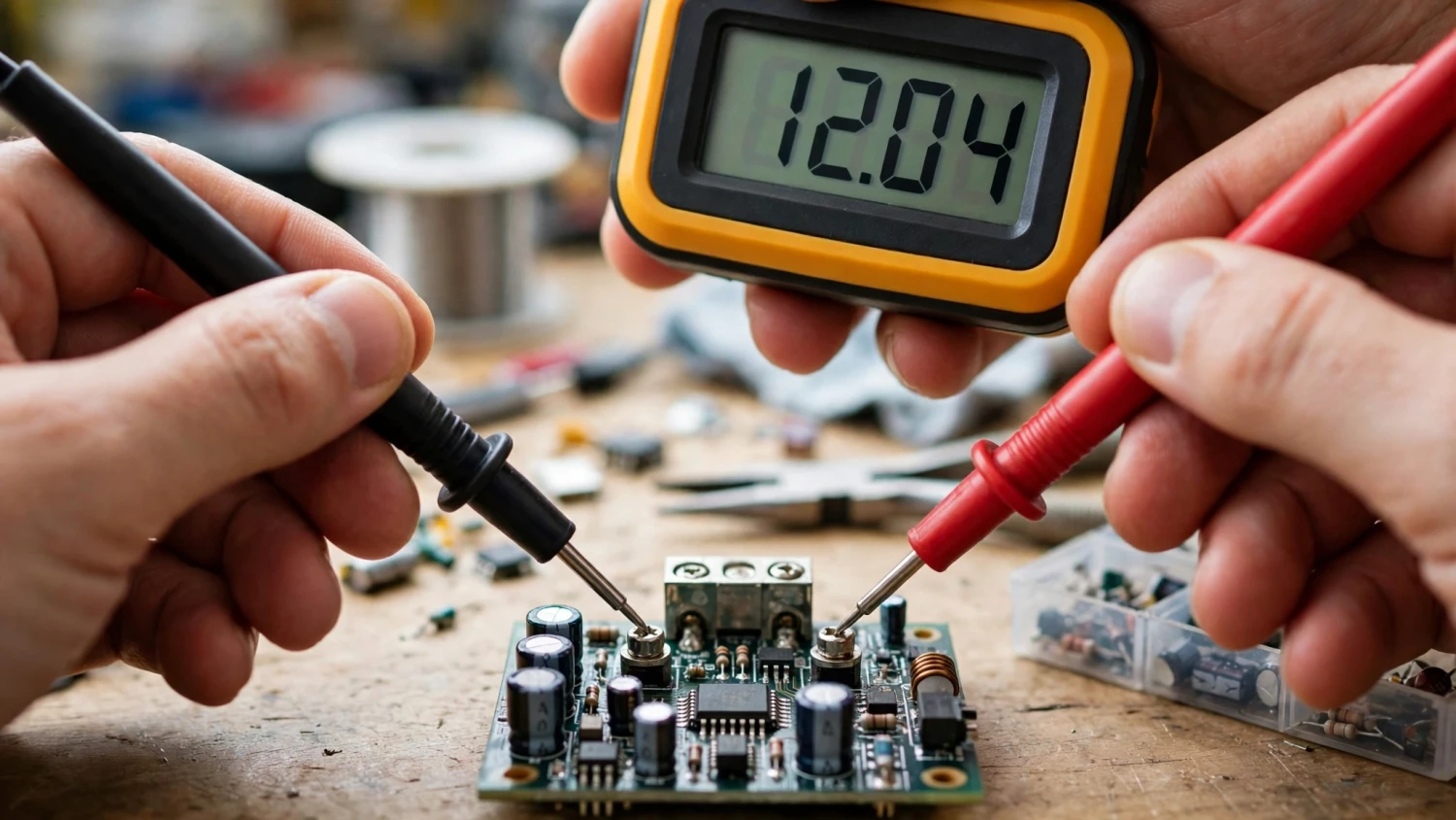 Đo điện áp một chiều tại cọc cấp nguồn của mạch khuếch đại bằng đồng hồ vạn năng và que đo đỏ đen