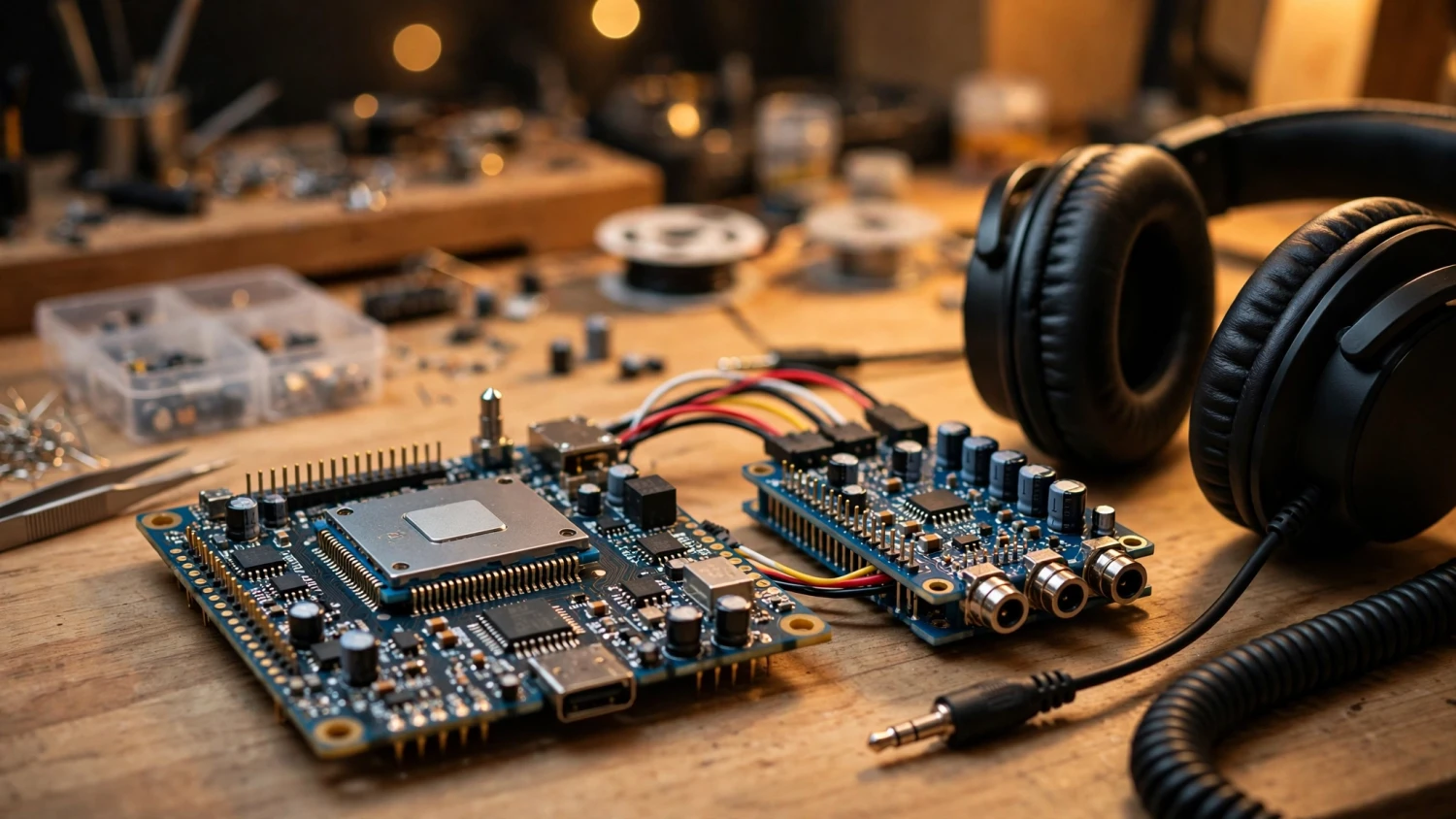 Bo ESP32 và module DAC âm thanh trên bàn DIY minh họa xử lý âm thanh số