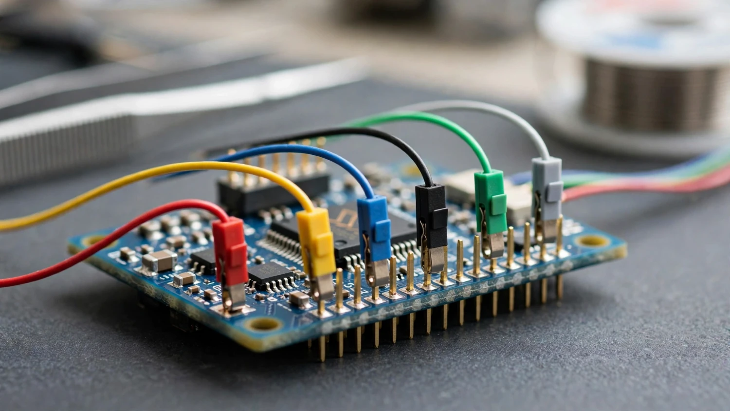 Đầu que đo logic analyzer kẹp vào chân tín hiệu trên bo ESP32 để kiểm tra I2S