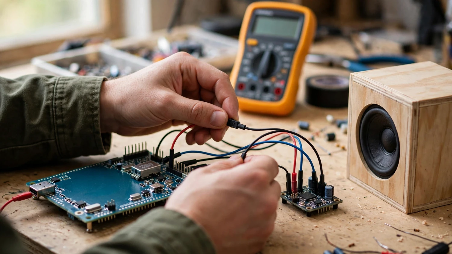 Bo ESP32 noi day voi module DAC I2S va mach ampli nho tren ban lam loa DIY