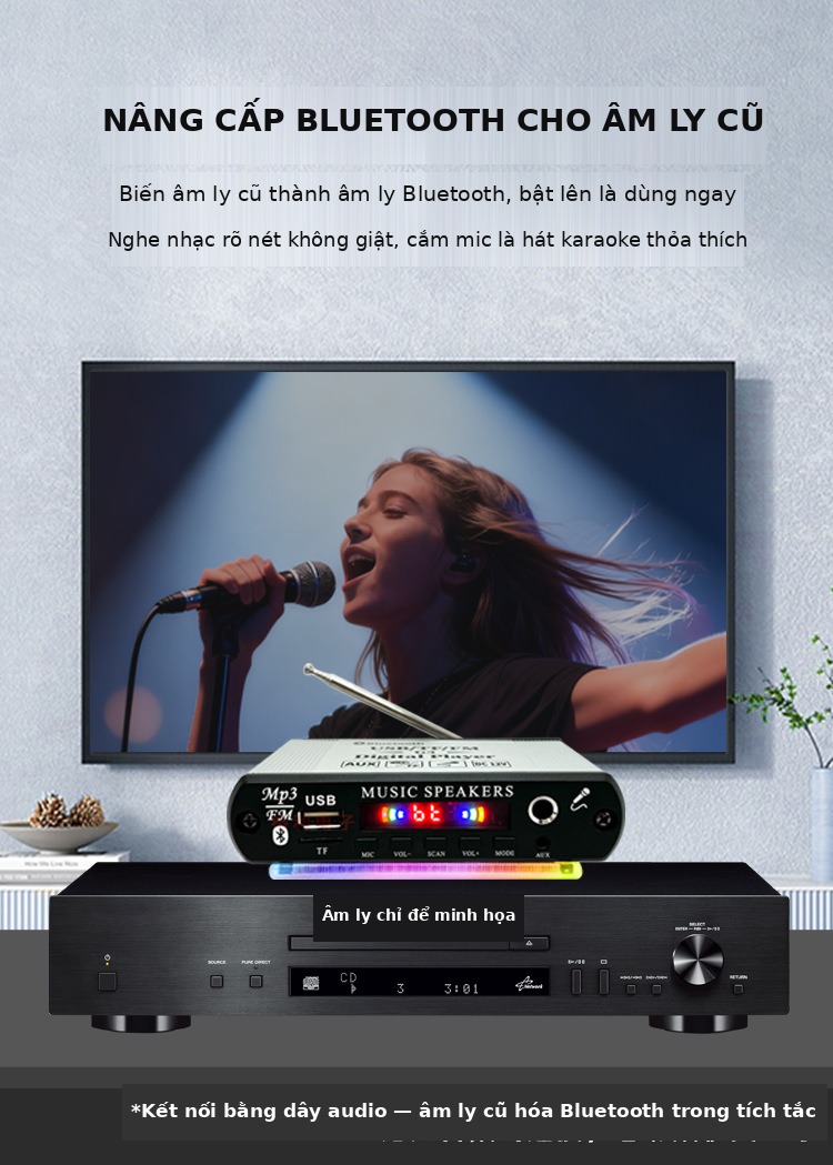 Bộ thu Bluetooth 5.4 nghe đài FM, USB, thẻ nhớ, tích hợp cổng mic hát karaoke
