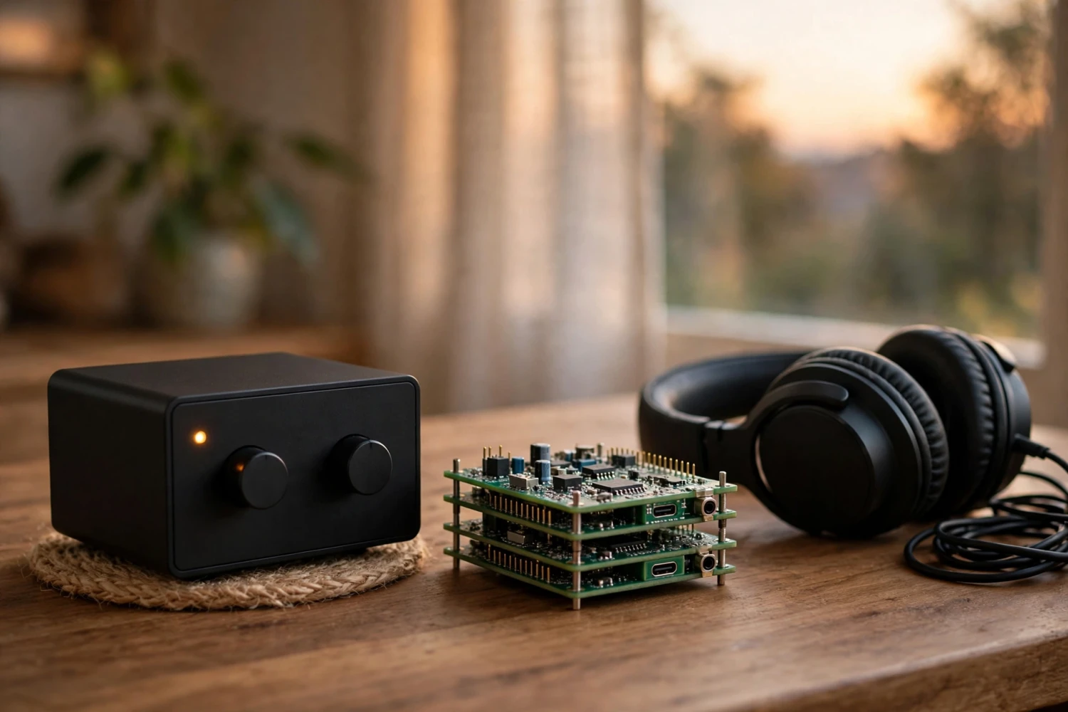 Tai nghe đặt cạnh hai module DAC và ampli nhỏ trong một buổi nghe thử so sánh DAC cho hệ thống DIY