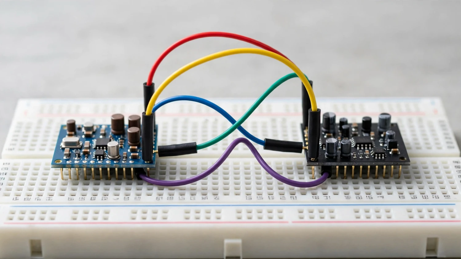 Cận cảnh dây nối tín hiệu giữa hai module mạch âm thanh trên breadboard
