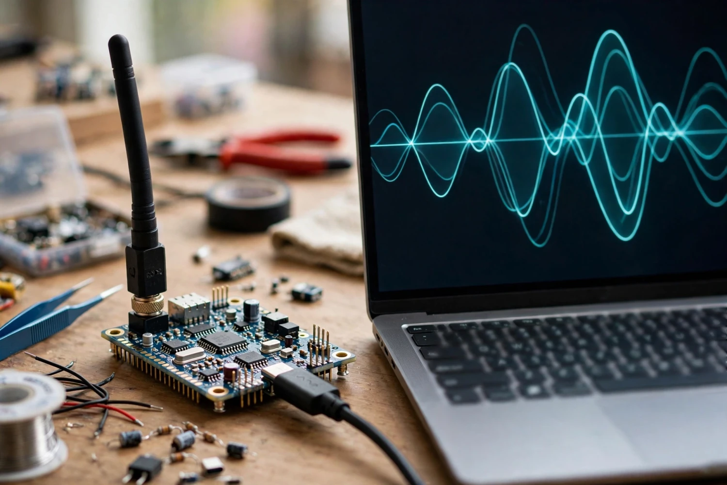 Bo ESP32 có anten ngoài đặt cạnh laptop trên bàn làm việc tại nhà khi thử stream nhạc qua WiFi